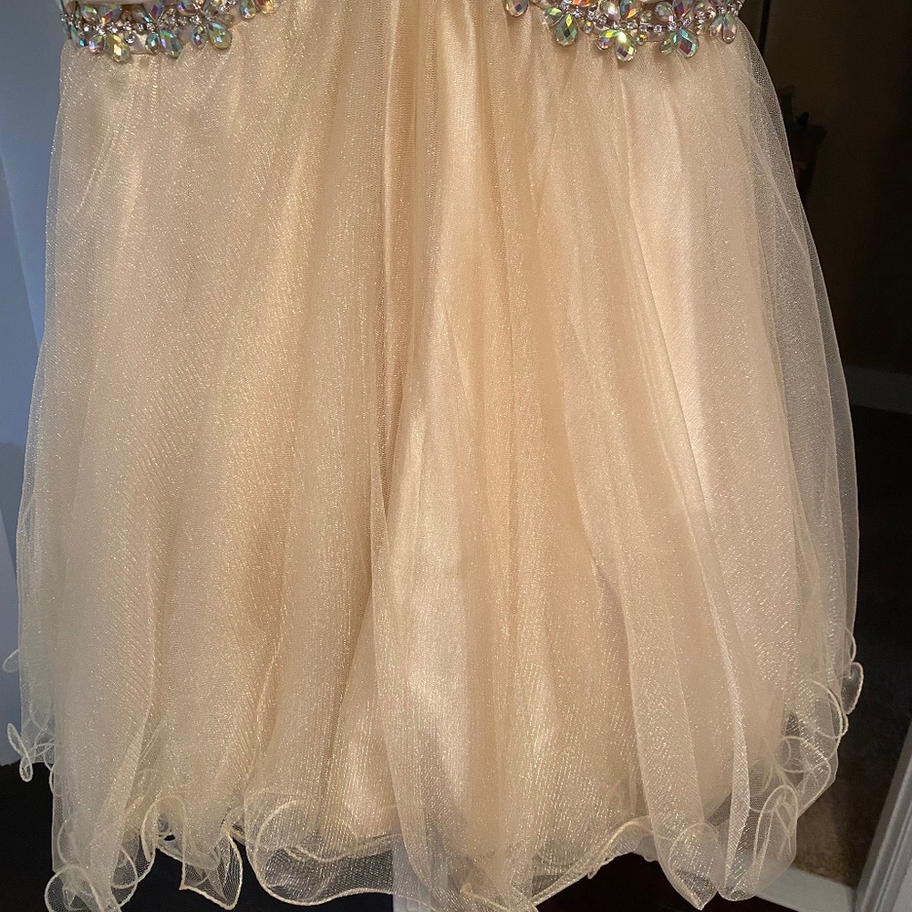 Champagne Ruched Rhinestone Bodice Dress - Picture 4 of 10